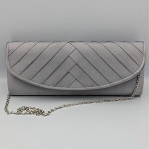 Charming Charlie RSVP Silver Satin Pleated Evening Clutch Bag Silver Chain Strap